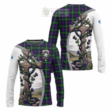 Inglis Tartan Long Sleeve T-Shirt with Family Crest and St. Andrew's Cross Accented by Thistle Vines Unisex - Tartan Vibes Clothing