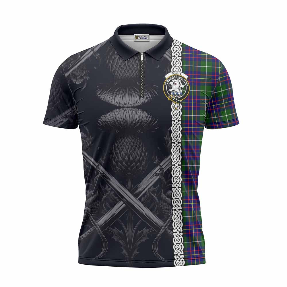 Inglis Tartan Zipper Polo Shirt with Family Crest Cross Sword Thistle Celtic Vibes Unisex - Tartan Vibes Clothing