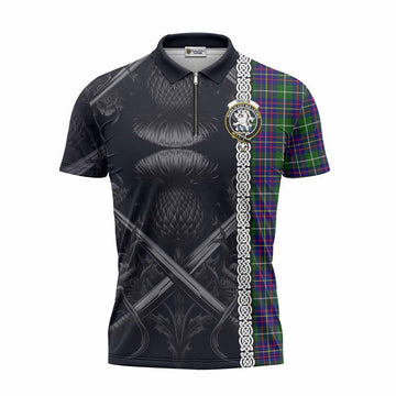 Inglis Tartan Zipper Polo Shirt with Family Crest Cross Sword Thistle Celtic Vibes Unisex - Tartan Vibes Clothing