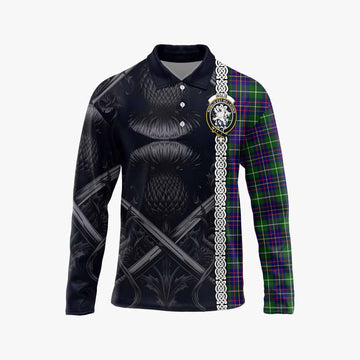 Inglis Tartan Long Sleeve Polo Shirt with Family Crest Cross Sword Thistle Celtic Vibes Unisex - Tartan Vibes Clothing