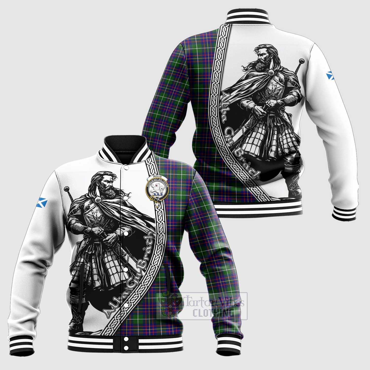 Inglis Tartan Clan Crest Baseball Jacket with Highlander Warrior Celtic Style Unisex - Tartan Vibes Clothing