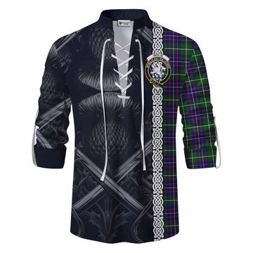 Inglis Tartan Ghillie Kilt Shirt with Family Crest Cross Sword Thistle Celtic Vibes Men - Tartan Vibes Clothing