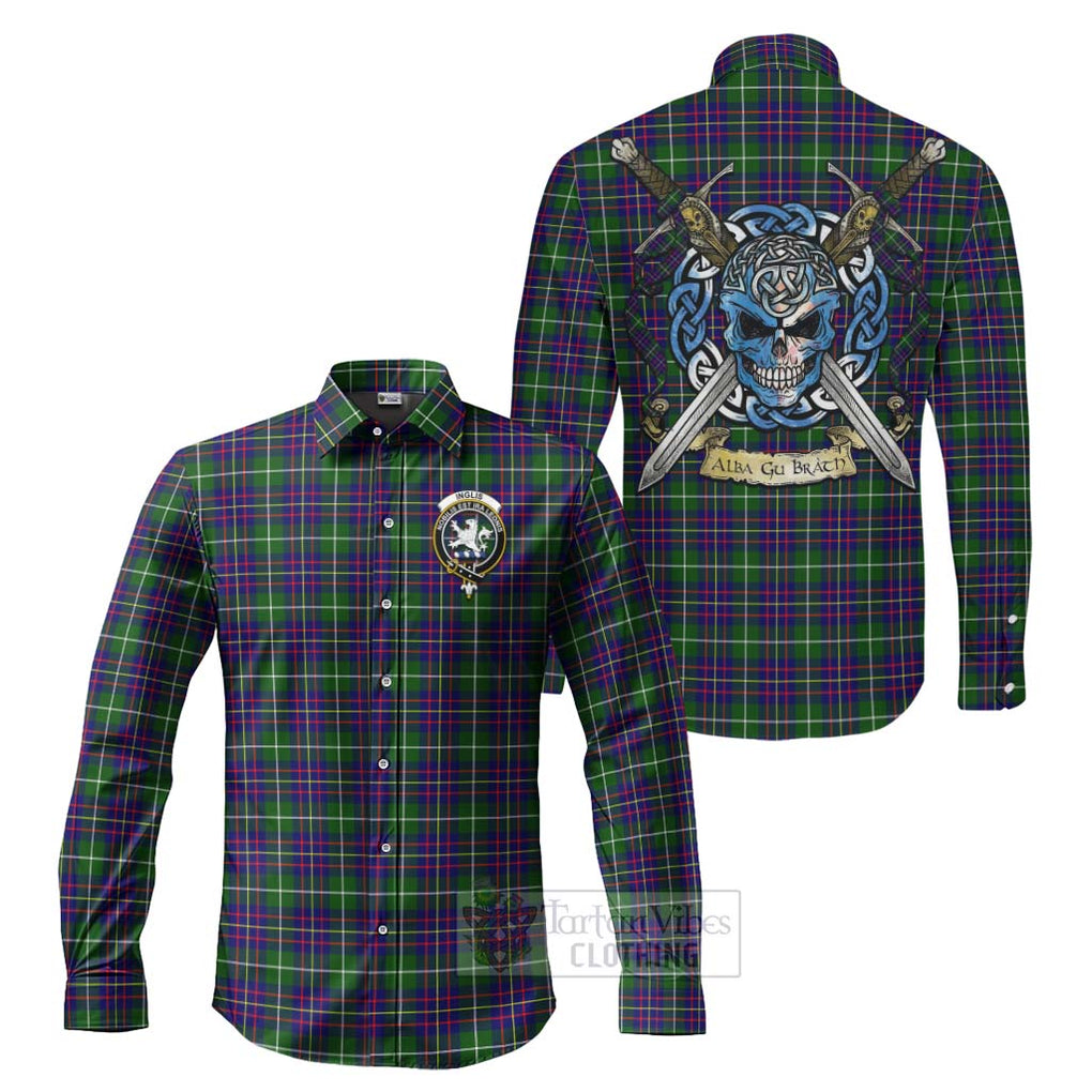 Inglis Tartan Long Sleeve Button Shirt with Family Crest Celtic Skull Style Men's Shirt S - Tartan Vibes Clothing