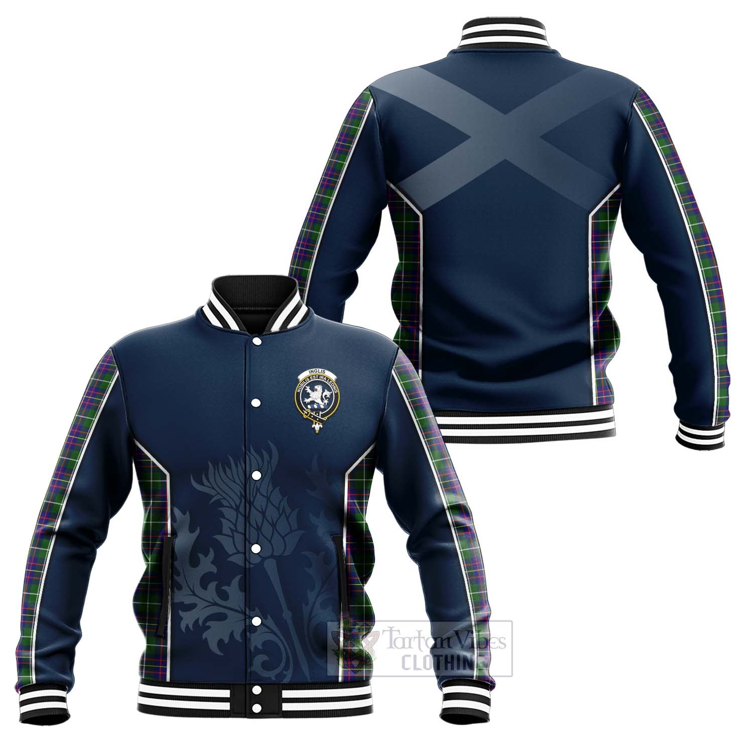 Inglis Tartan Baseball Jacket with Family Crest and Scottish Thistle Vibes Sport Style Unisex - Tartan Vibes Clothing