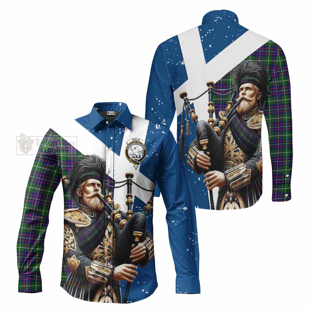 Inglis Tartan Long Sleeve Button Shirt with Family Crest Scottish Bagpiper Vibes Men's Shirt - Tartan Vibes Clothing