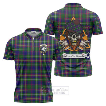 Inglis Tartan Zipper Polo Shirt with Family Crest and Bearded Skull Holding Bottles of Whiskey Unisex - Tartan Vibes Clothing