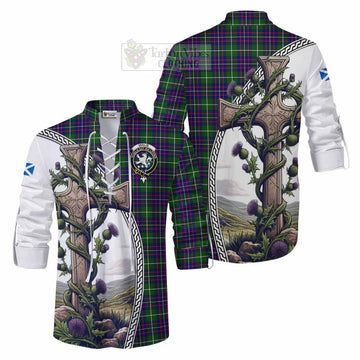 Inglis Tartan Ghillie Kilt Shirt with Family Crest and St. Andrew's Cross Accented by Thistle Vines Men - Tartan Vibes Clothing
