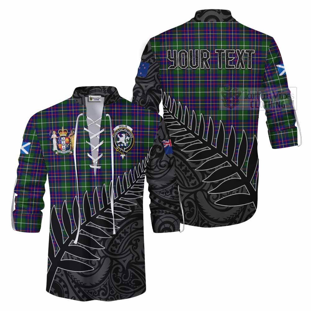 Tartan Vibes Clothing Inglis Crest Tartan Ghillie Kilt Shirt with New Zealand Silver Fern Half Style