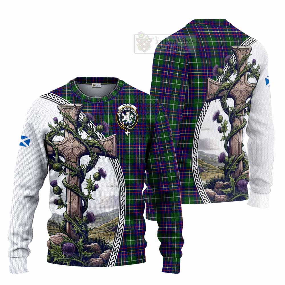 Inglis Tartan Knitted Sweater with Family Crest and St. Andrew's Cross Accented by Thistle Vines Unisex - Tartan Vibes Clothing