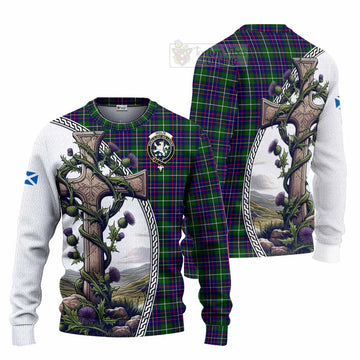 Inglis Tartan Knitted Sweater with Family Crest and St. Andrew's Cross Accented by Thistle Vines Unisex - Tartan Vibes Clothing
