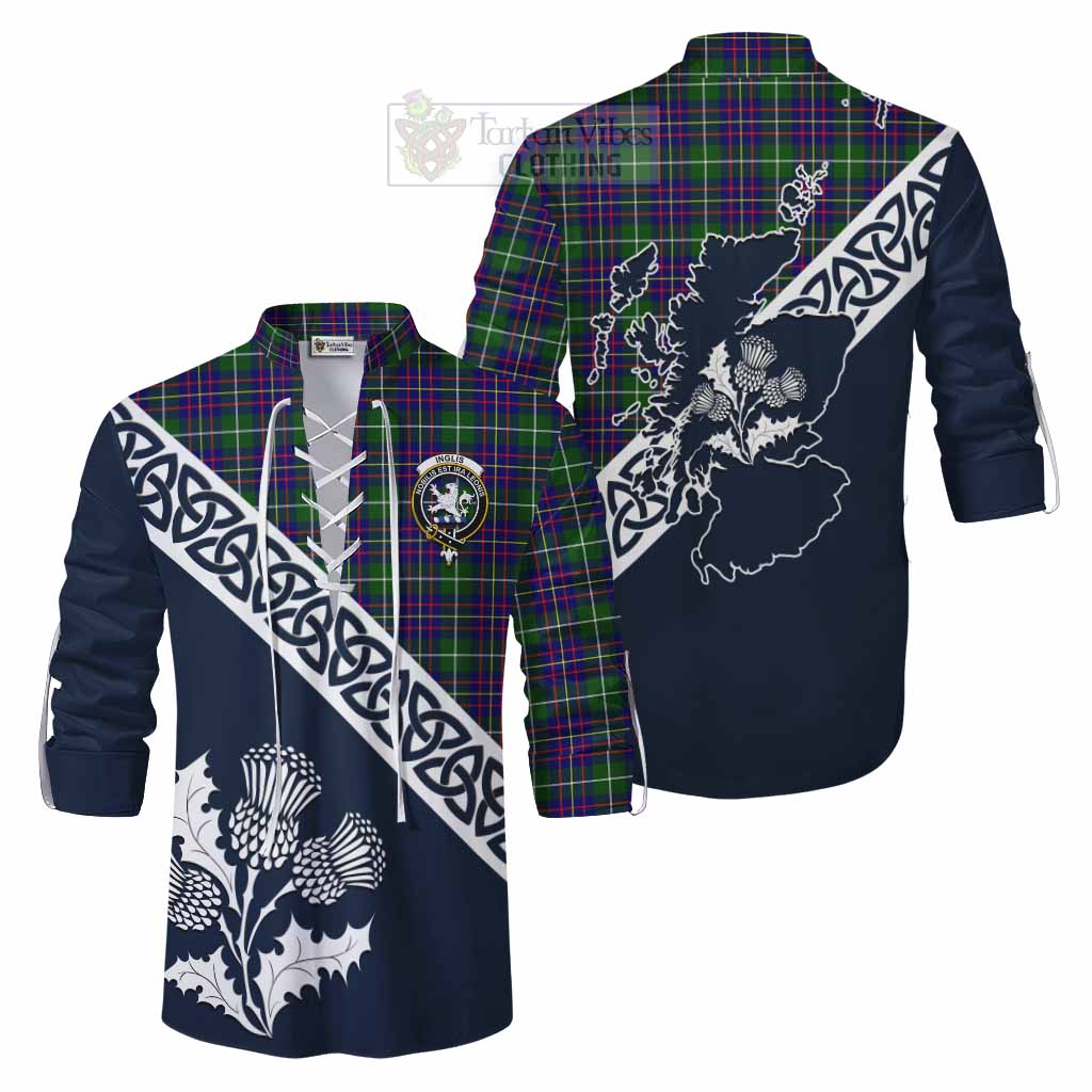 Inglis Tartan Ghillie Kilt Shirt Featuring Thistle and Scotland Map Men - Tartan Vibes Clothing