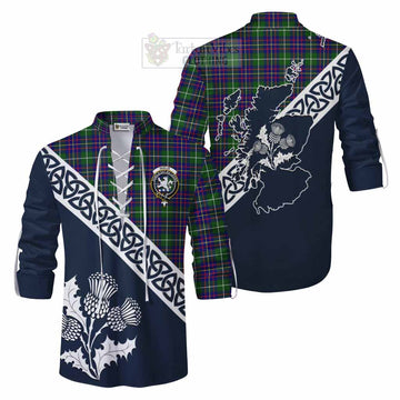 Inglis Tartan Ghillie Kilt Shirt Featuring Thistle and Scotland Map Men - Tartan Vibes Clothing