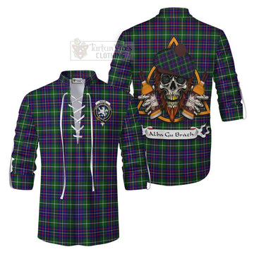 Inglis Tartan Ghillie Kilt Shirt with Family Crest and Bearded Skull Holding Bottles of Whiskey Men - Tartan Vibes Clothing