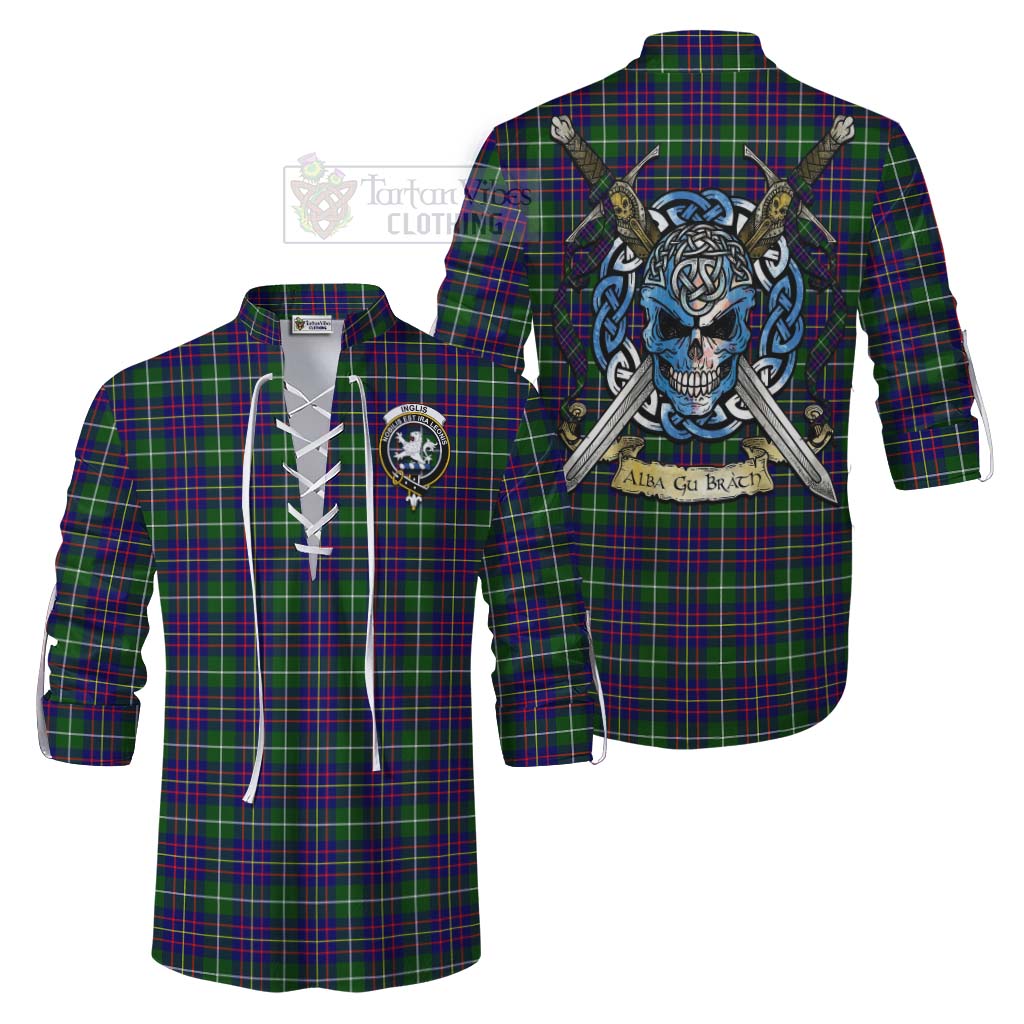 Inglis Tartan Ghillie Kilt Shirt with Family Crest Celtic Skull Style Men - Tartan Vibes Clothing