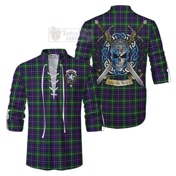 Inglis Tartan Ghillie Kilt Shirt with Family Crest Celtic Skull Style Men - Tartan Vibes Clothing