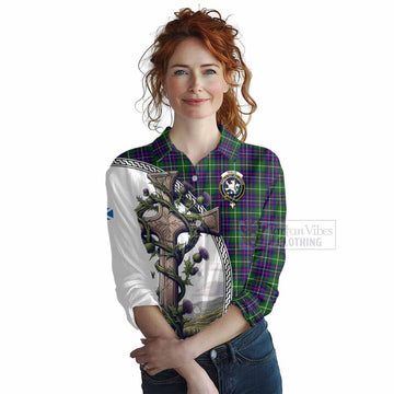 Inglis Tartan Women's Casual Shirt with Family Crest and St. Andrew's Cross Accented by Thistle Vines Female - Tartan Vibes Clothing