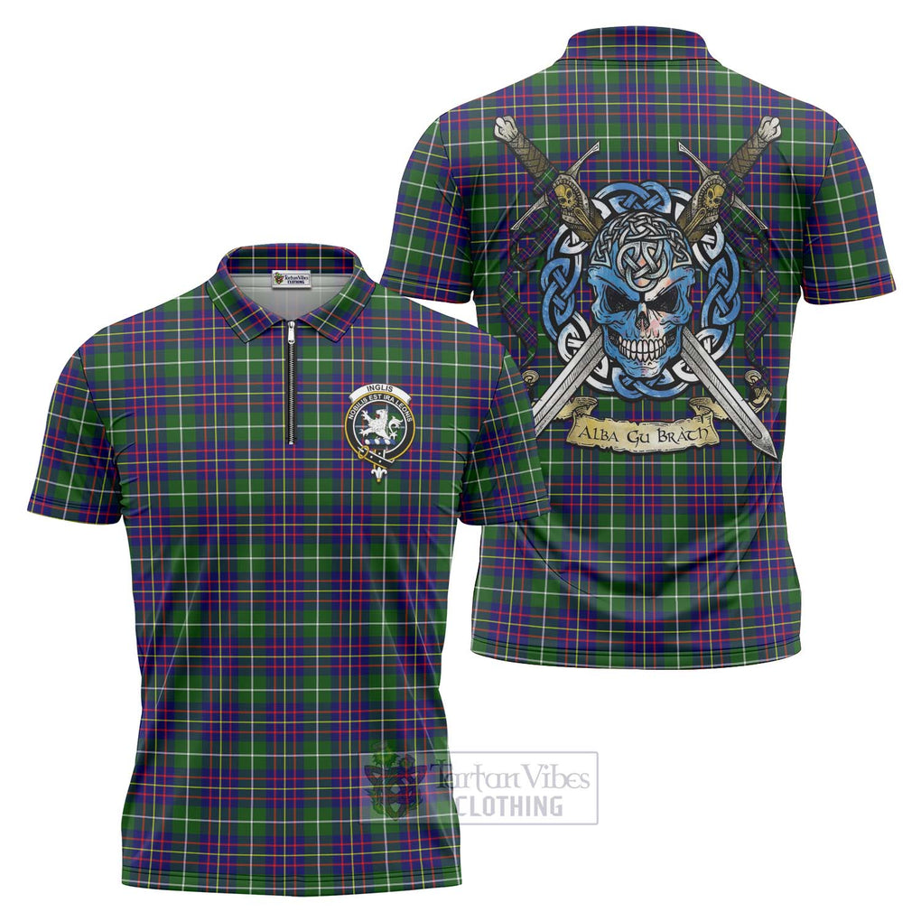 Inglis Tartan Zipper Polo Shirt with Family Crest Celtic Skull Style Unisex - Tartan Vibes Clothing