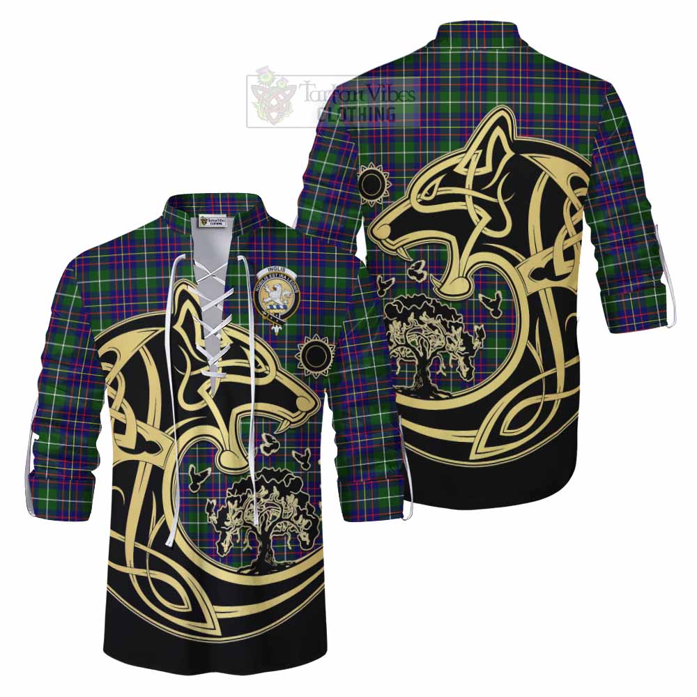 Inglis Tartan Ghillie Kilt Shirt with Family Crest Celtic Wolf Style Men - Tartan Vibes Clothing