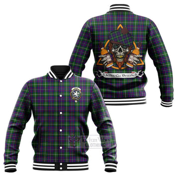 Inglis Tartan Baseball Jacket with Family Crest and Bearded Skull Holding Bottles of Whiskey Unisex - Tartan Vibes Clothing