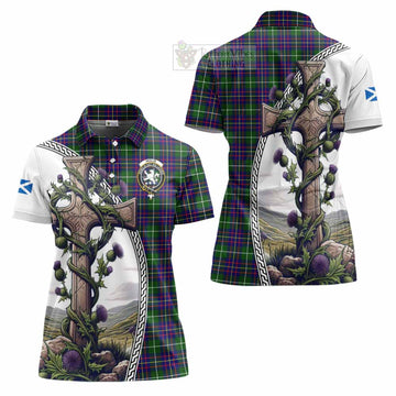 Inglis Tartan Women's Polo Shirt with Family Crest and St. Andrew's Cross Accented by Thistle Vines Women - Tartan Vibes Clothing