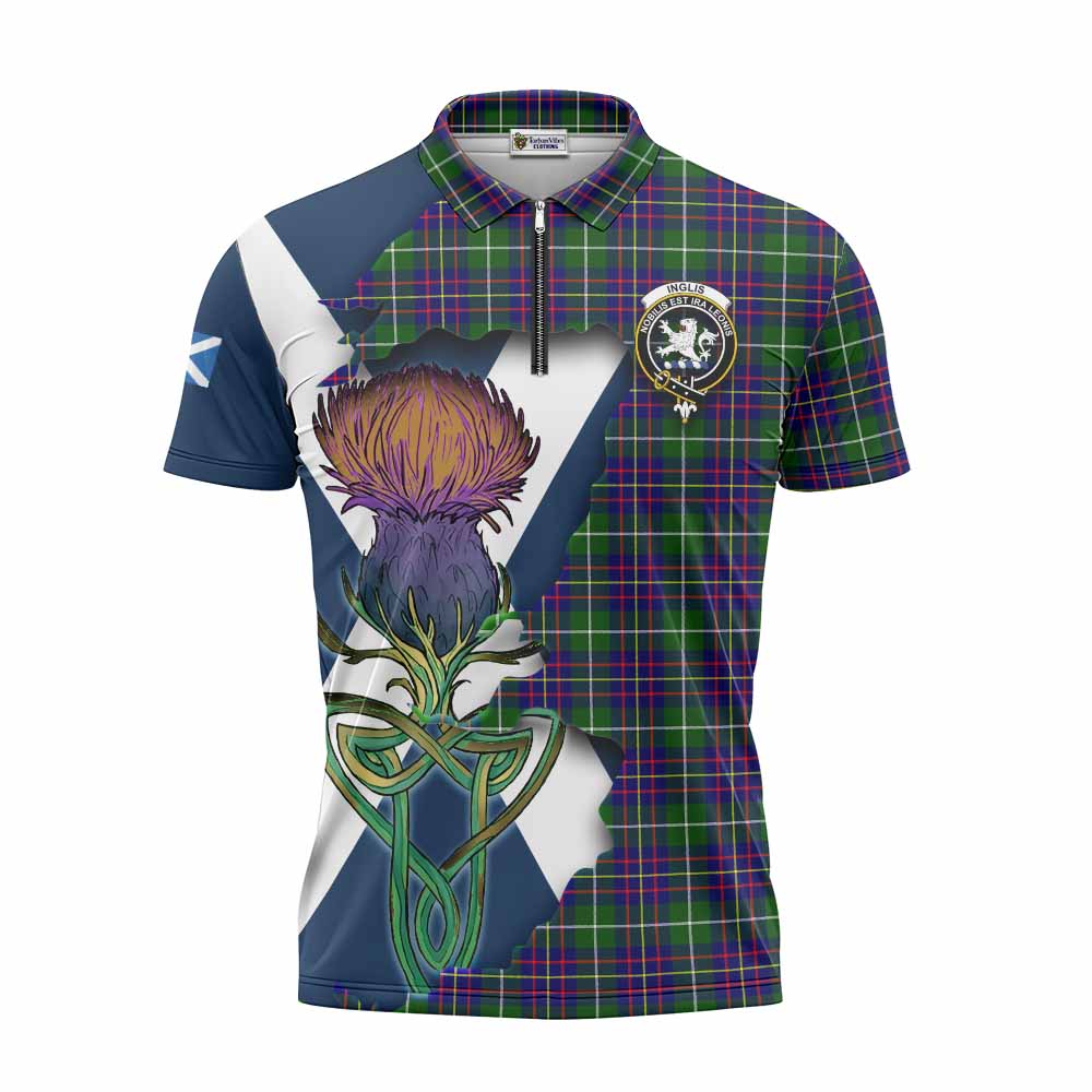 Inglis Tartan Family Crest Zipper Polo Shirt Scottish Thistle Celtic Inspired Unisex - Tartan Vibes Clothing