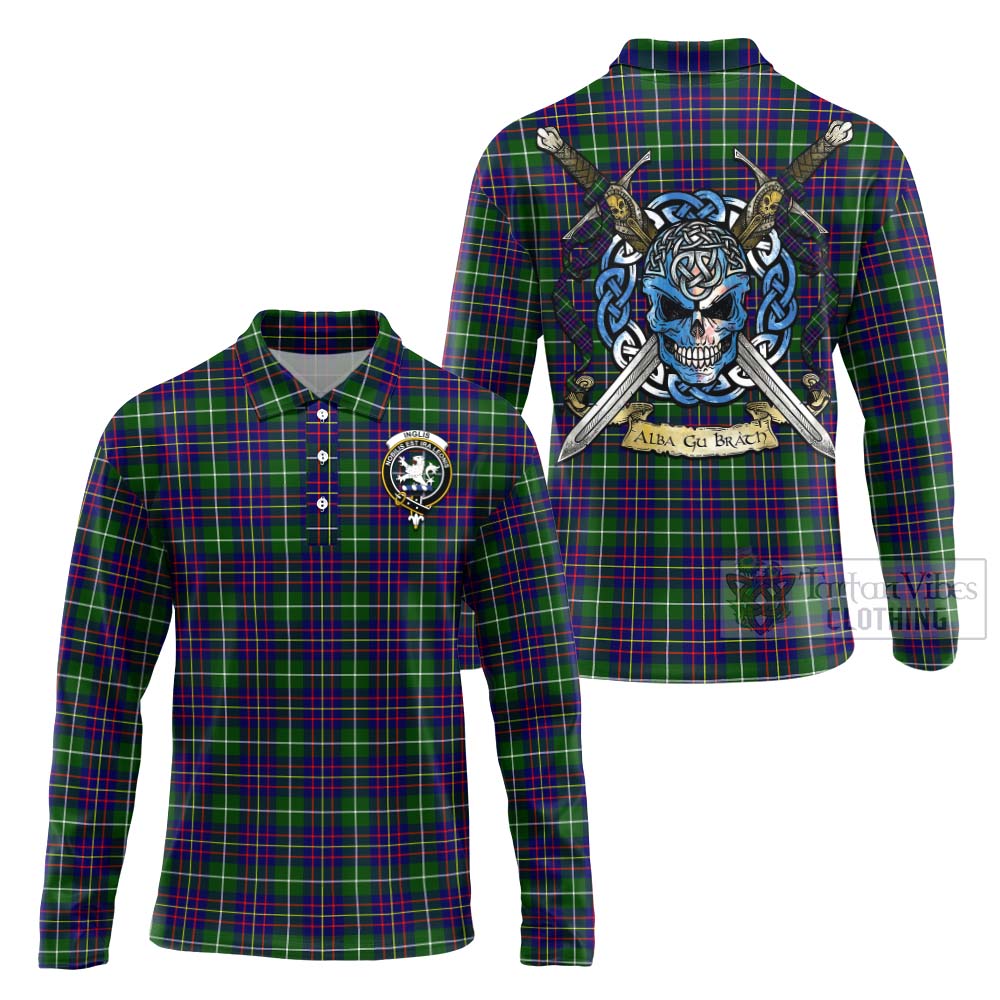Inglis Tartan Long Sleeve Polo Shirt with Family Crest Celtic Skull Style Unisex - Tartan Vibes Clothing
