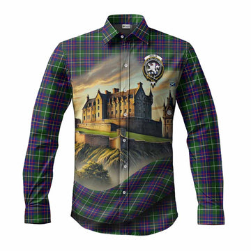 Tartan Vibes Clothing Inglis Tartan Family Crest Long Sleeve Button Shirt with Scottish Ancient Castle Style