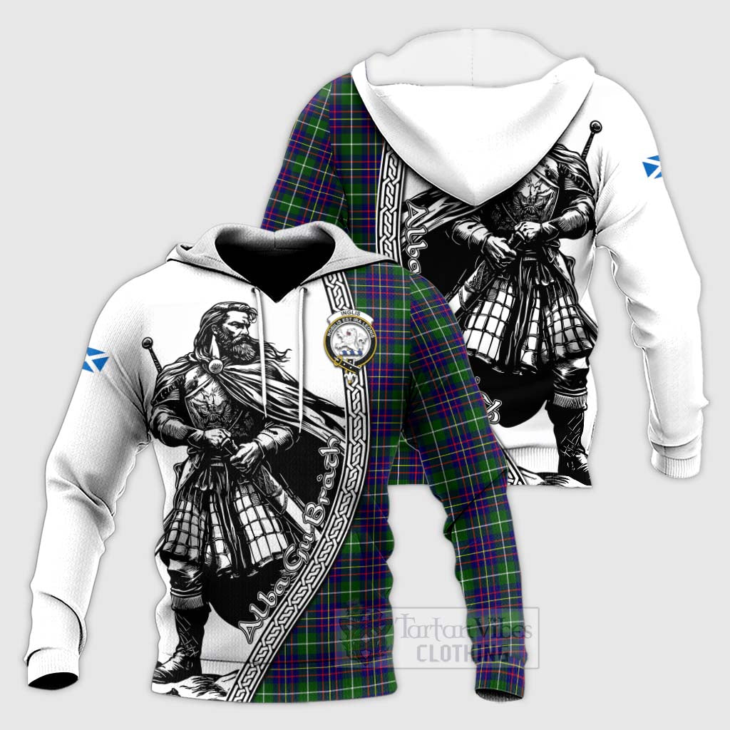 Inglis Tartan Clan Crest Knitted Hoodie with Highlander Warrior Celtic Style Unisex Knitted Pullover Hoodie - Tartan Vibes Clothing