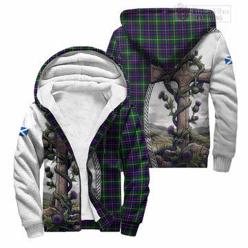 Inglis Tartan Sherpa Hoodie with Family Crest and St. Andrew's Cross Accented by Thistle Vines Unisex S - Tartan Vibes Clothing