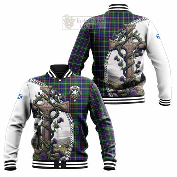 Inglis Tartan Baseball Jacket with Family Crest and St. Andrew's Cross Accented by Thistle Vines Unisex - Tartan Vibes Clothing