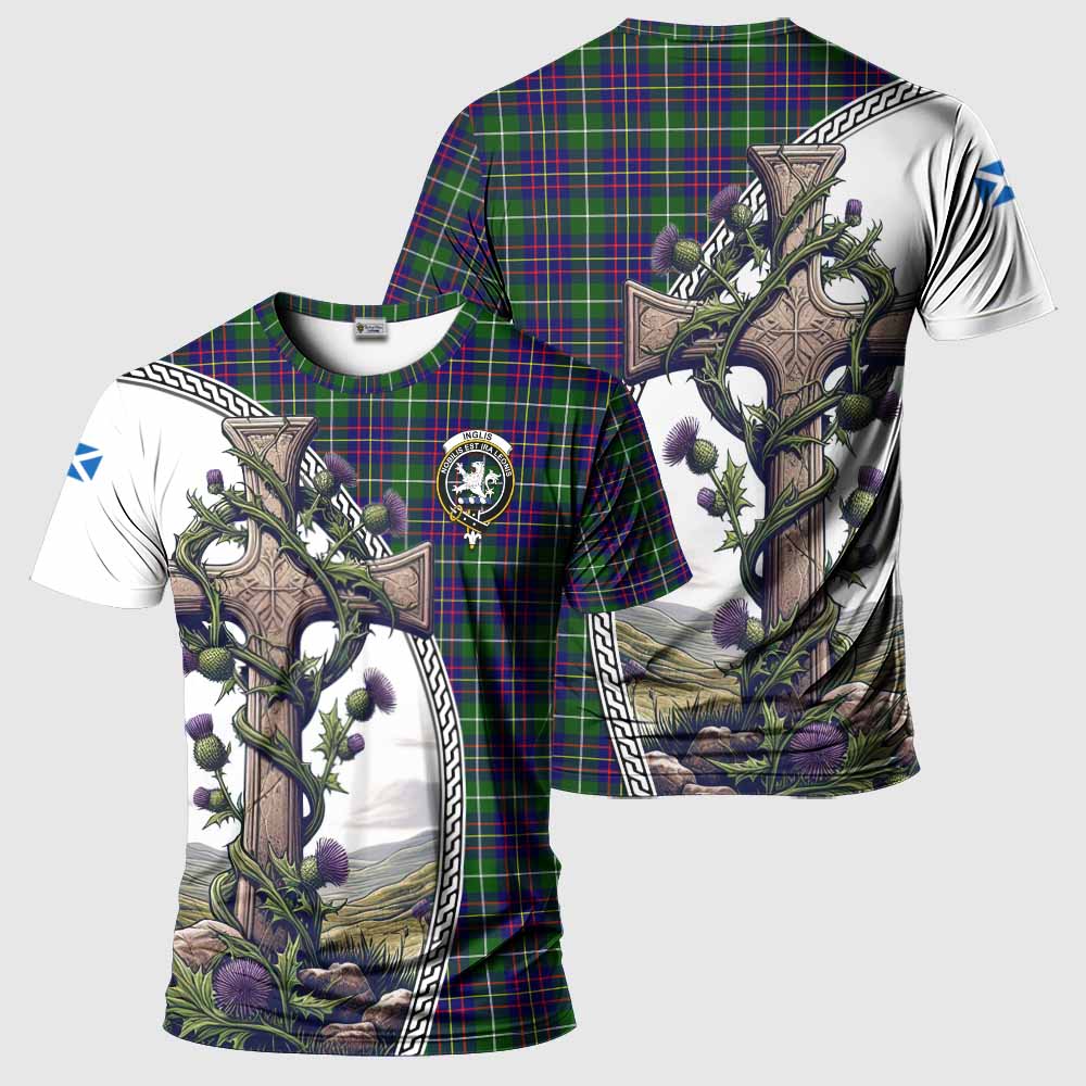 Tartan Vibes Clothing Inglis Agnew Tartan T-Shirt with Family Crest and St. Andrew's Cross Accented by Thistle Vines