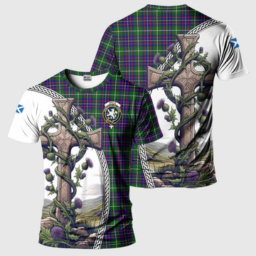 Inglis Tartan T-Shirt with Family Crest and St. Andrew's Cross Accented by Thistle Vines