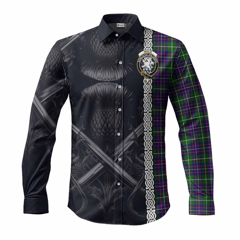Tartan Vibes Clothing Inglis Tartan Long Sleeve Button Shirt with Family Crest Cross Sword Thistle Celtic Vibes