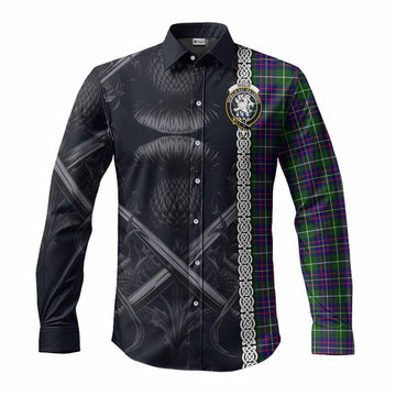Tartan Vibes Clothing Inglis Tartan Long Sleeve Button Shirt with Family Crest Cross Sword Thistle Celtic Vibes