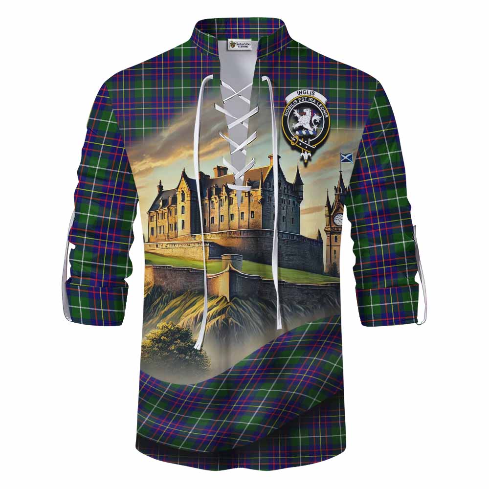 Inglis Tartan Family Crest Ghillie Kilt Shirt with Scottish Ancient Castle Style Men - Tartan Vibes Clothing