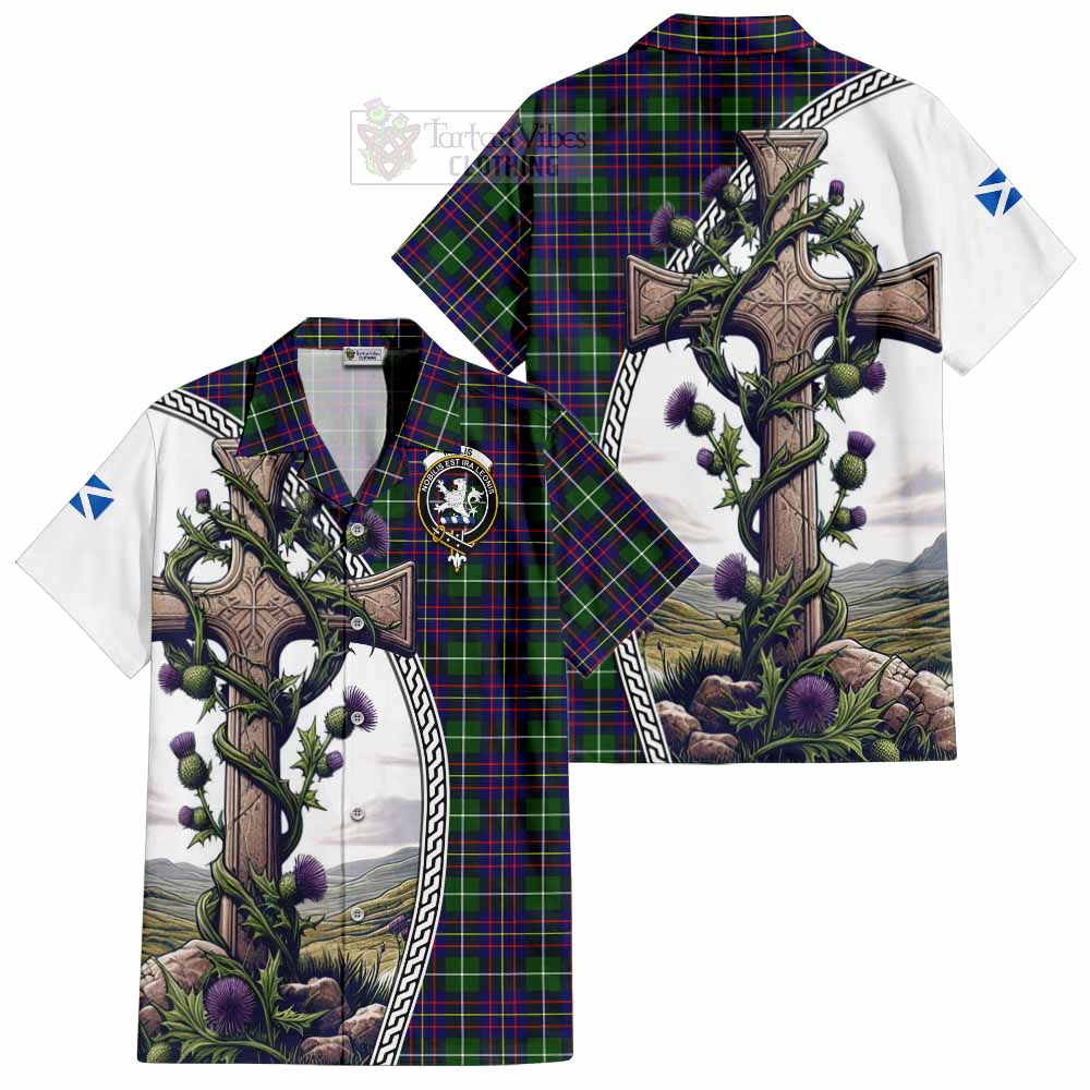 Inglis Tartan Hawaiian Shirt with Family Crest and St. Andrew's Cross Accented by Thistle Vines Kid - Tartan Vibes Clothing