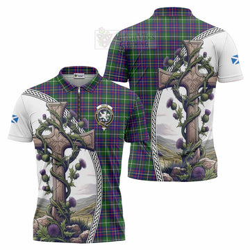 Inglis Tartan Zipper Polo Shirt with Family Crest and St. Andrew's Cross Accented by Thistle Vines Unisex - Tartan Vibes Clothing