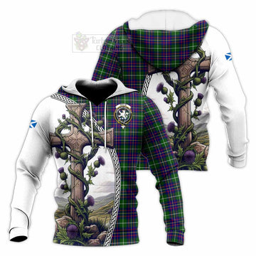 Inglis Tartan Knitted Hoodie with Family Crest and St. Andrew's Cross Accented by Thistle Vines Unisex Knitted Pullover Hoodie - Tartan Vibes Clothing