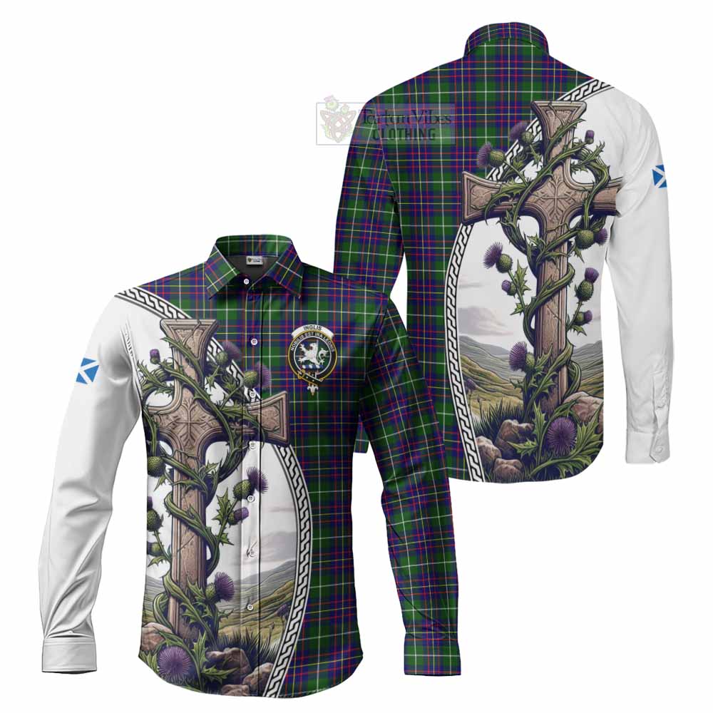 Inglis Tartan Long Sleeve Button Shirt with Family Crest and St. Andrew's Cross Accented by Thistle Vines Men's Shirt S - Tartan Vibes Clothing