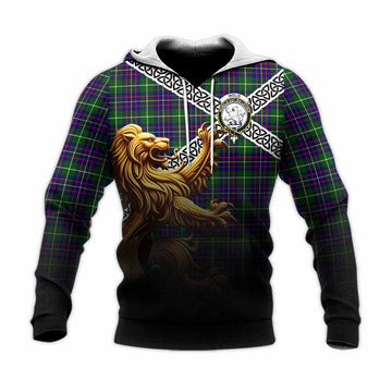 Inglis Crest Tartan Knitted Hoodie with Golden Lion Emblem Celtic Style Unisex Knitted Pullover Hoodie - Tartan Vibes Clothing