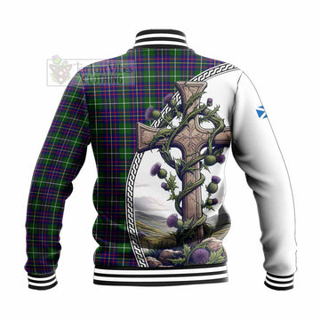 Inglis Tartan Baseball Jacket with Family Crest and St. Andrew's Cross Accented by Thistle Vines - Tartan Vibes Clothing