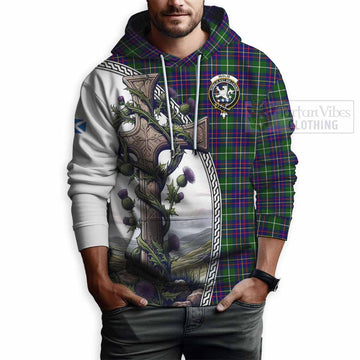 Inglis Tartan Hoodie with Family Crest and St. Andrew's Cross Accented by Thistle Vines - Tartan Vibes Clothing