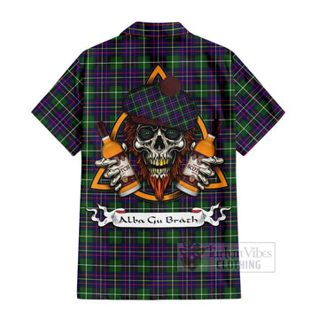 Inglis Tartan Hawaiian Shirt with Family Crest and Bearded Skull Holding Bottles of Whiskey - Tartan Vibes Clothing