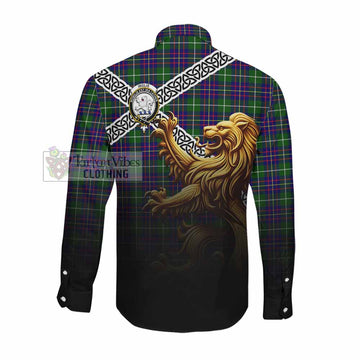 Inglis Crest Tartan Long Sleeve Button Shirt with Golden Lion Emblem Celtic Style Men's Shirt - Tartan Vibes Clothing