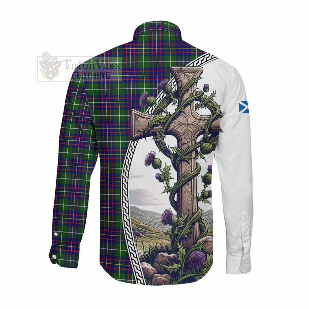 Inglis Tartan Long Sleeve Button Shirt with Family Crest and St. Andrew's Cross Accented by Thistle Vines Men's Shirt - Tartan Vibes Clothing