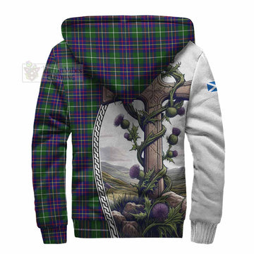 Inglis Tartan Sherpa Hoodie with Family Crest and St. Andrew's Cross Accented by Thistle Vines - Tartan Vibes Clothing
