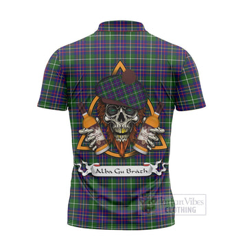 Inglis Tartan Zipper Polo Shirt with Family Crest and Bearded Skull Holding Bottles of Whiskey - Tartan Vibes Clothing