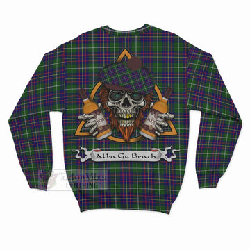 Inglis Tartan Sweatshirt with Family Crest and Bearded Skull Holding Bottles of Whiskey - Tartan Vibes Clothing