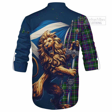 Inglis Tartan Family Crest Ghillie Kilt Shirt with Scottish Majestic Lion - Tartan Vibes Clothing