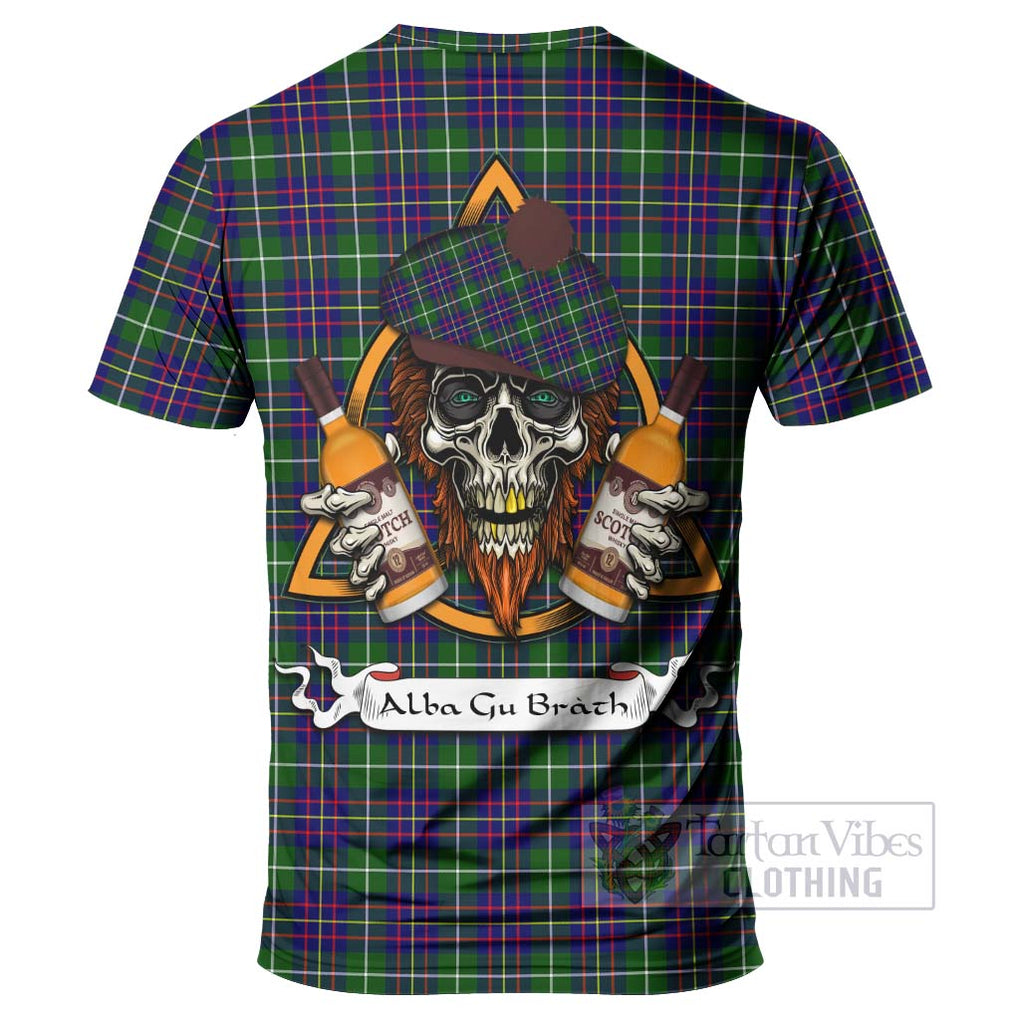 Tartan Vibes Clothing Inglis Tartan T-Shirt with Family Crest and Bearded Skull Holding Bottles of Whiskey